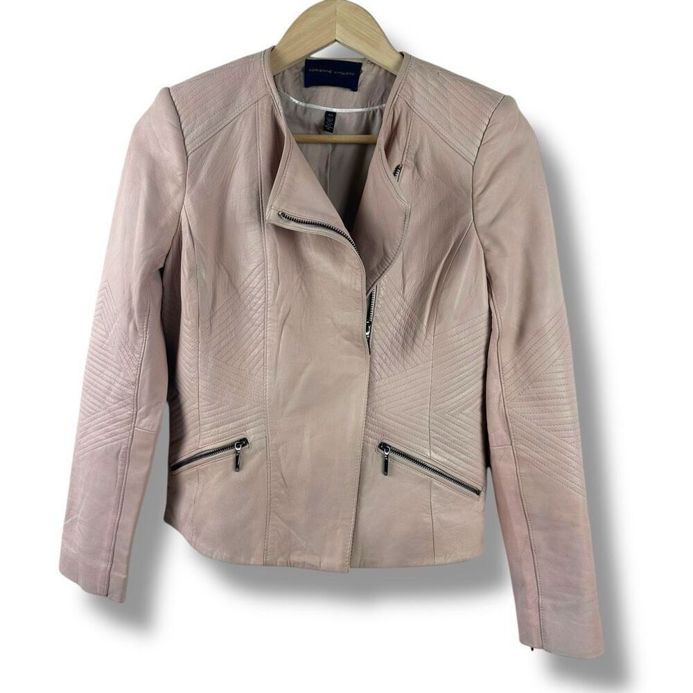 Adrienne Vittadini Size XS Moto Jacket Rose Pink Genuine Leather Spring Classic
